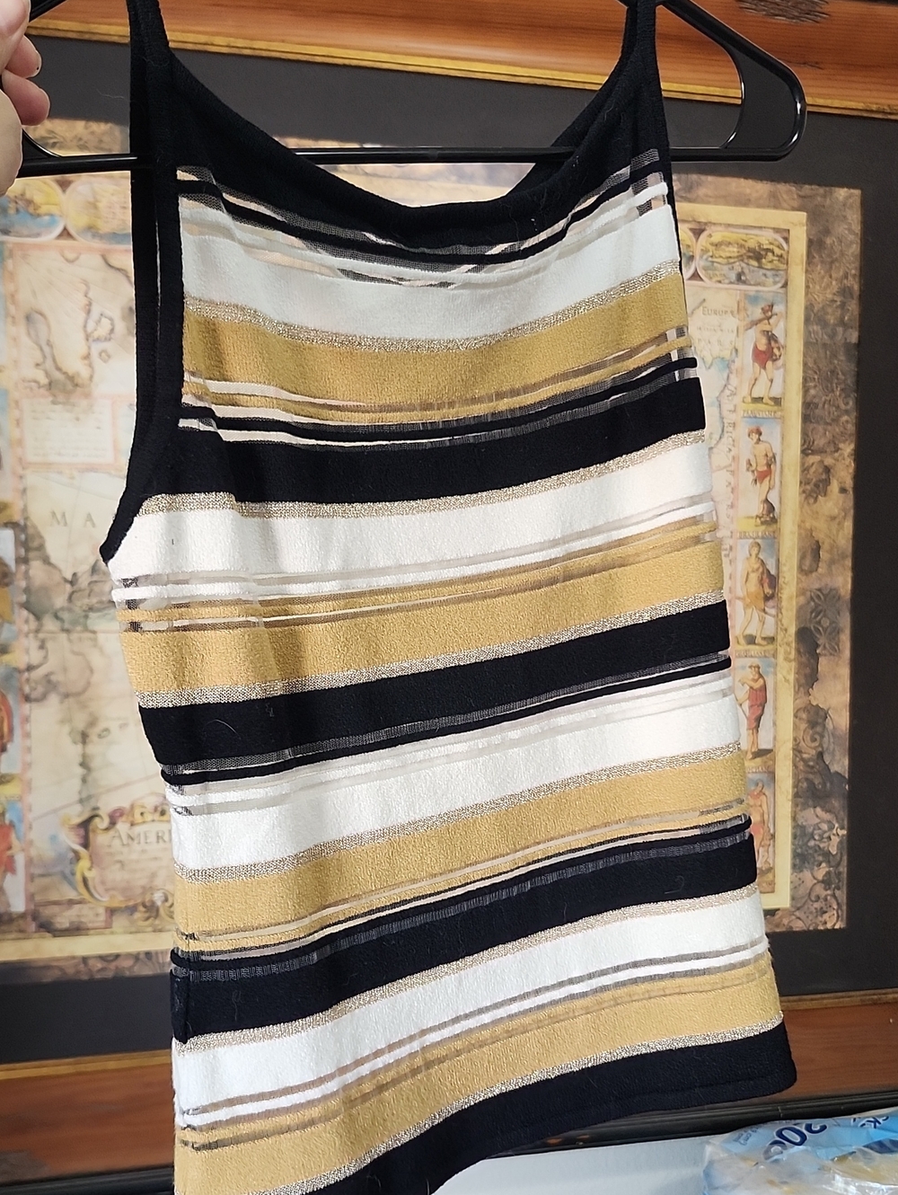 Striped Metallic Gold, Black And See Through Mesh Sweater Tank Top